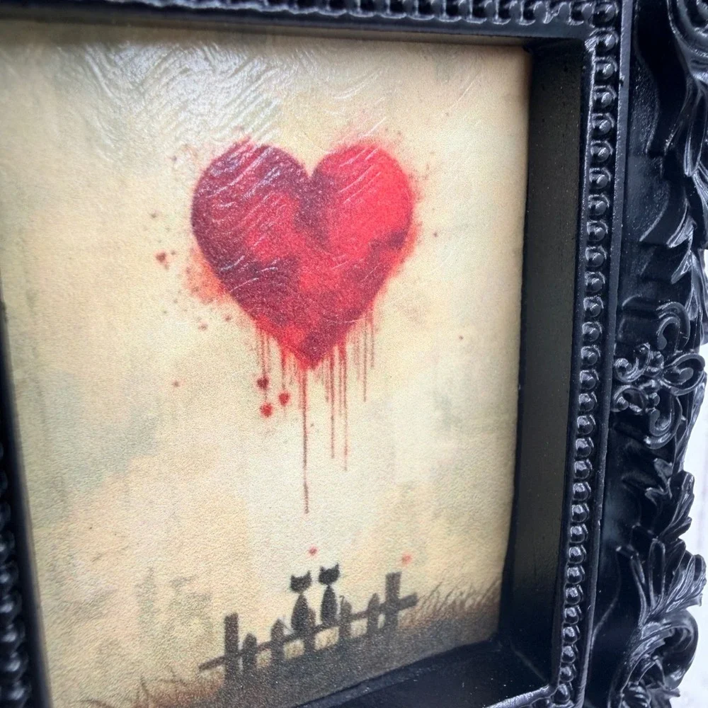 Gothic Black Ornate Resin Frame Cat Heart Art Print Decoupage Mini Decor